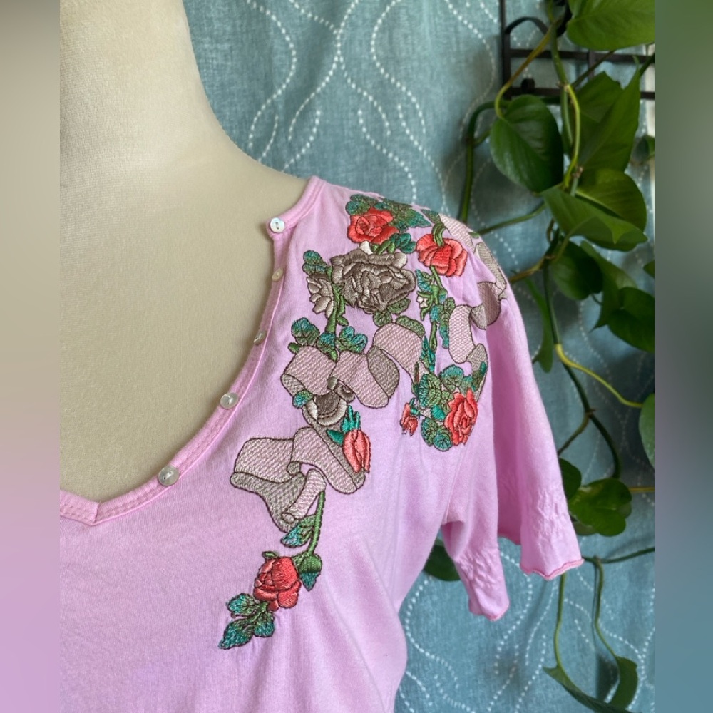 Pink Embroidery Flower Sun Midi Dress Size M